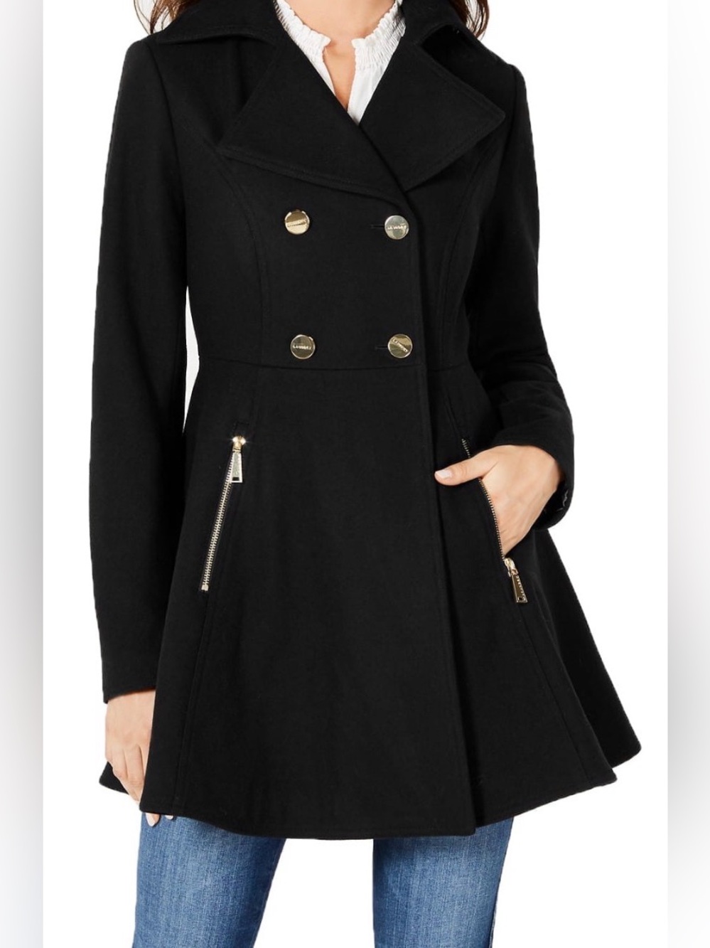 Laundry by Shelli Segal Women’s Black Wool Blend Double Breasted Skirted Peacoat